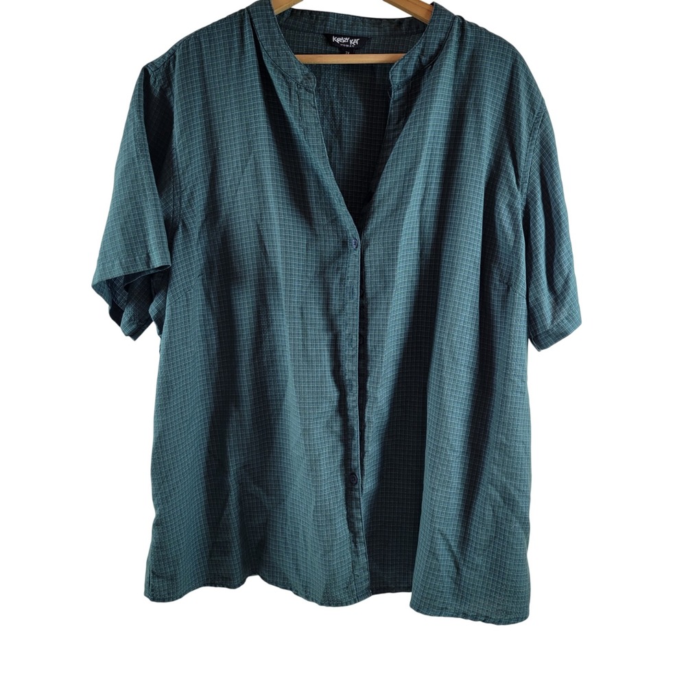 Krazy Kat Button Up Blouse Women 3X Green Excellent Grid Print Short Sleeve